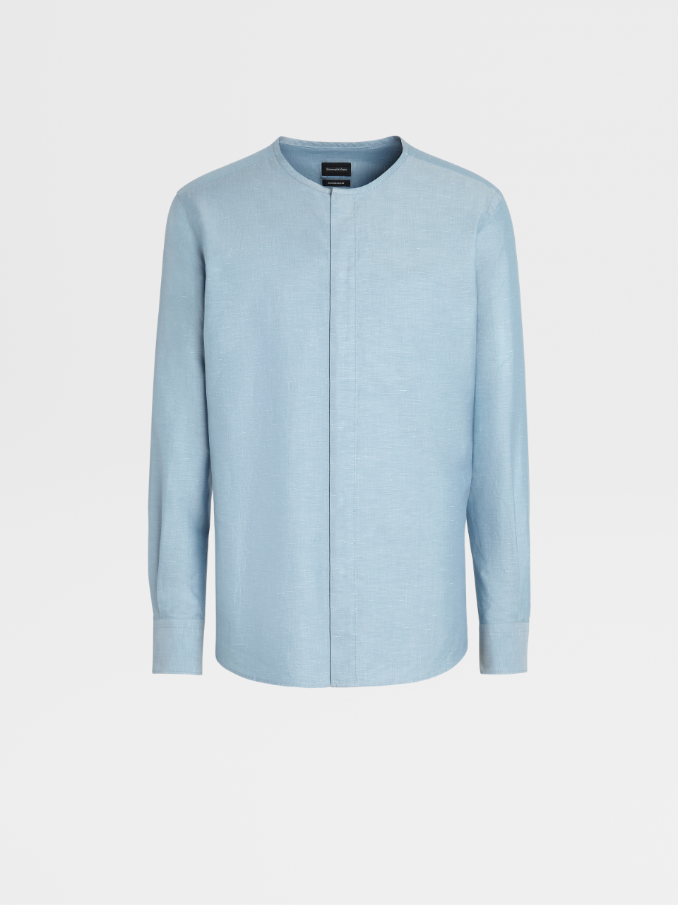 蔚蓝色棉质亚麻及桑蚕丝混纺亨利衫，Milano 合身版型
